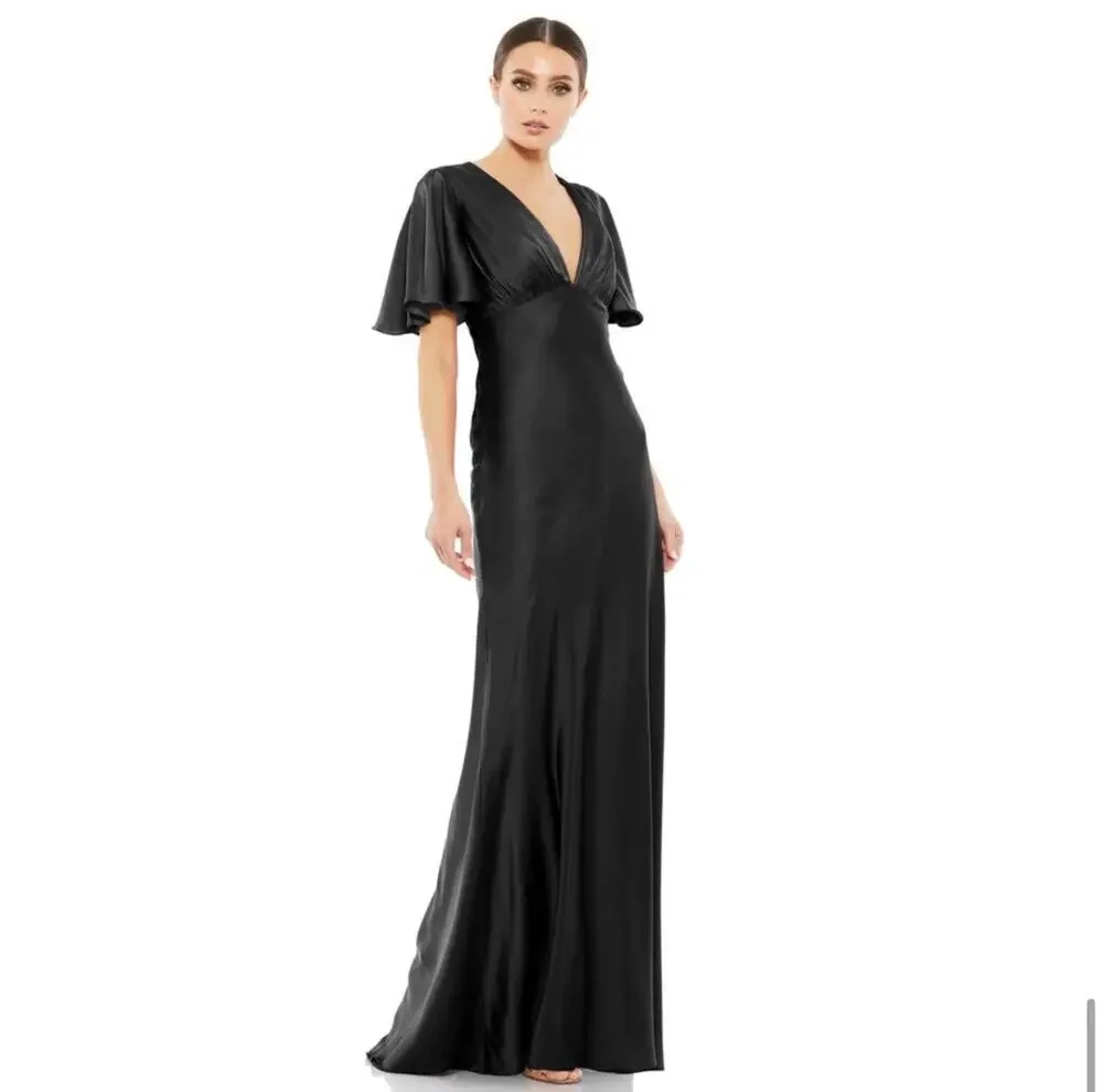 Ieena Mac Duggal 8 Black Satin Flutter Sleeve NWT